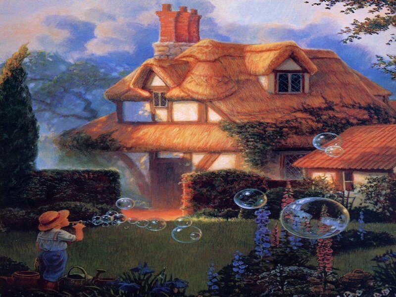 Child Blowing Bubbles — Green, Serene