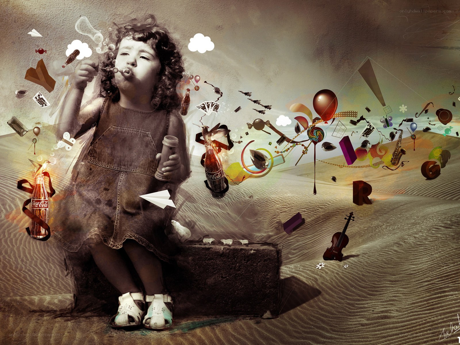 child blowing bubbles in a surreal landscape