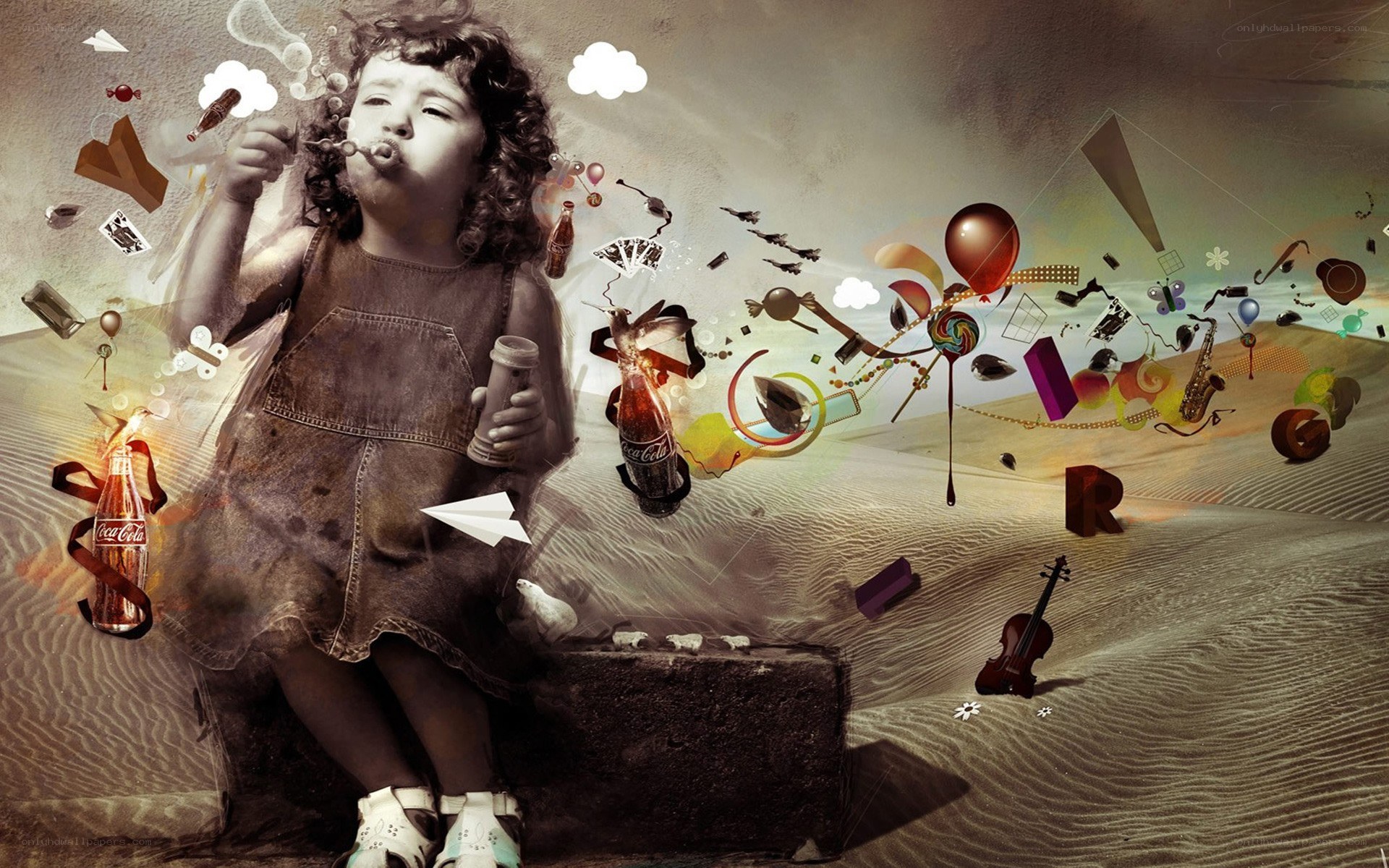 child blowing bubbles in desert
