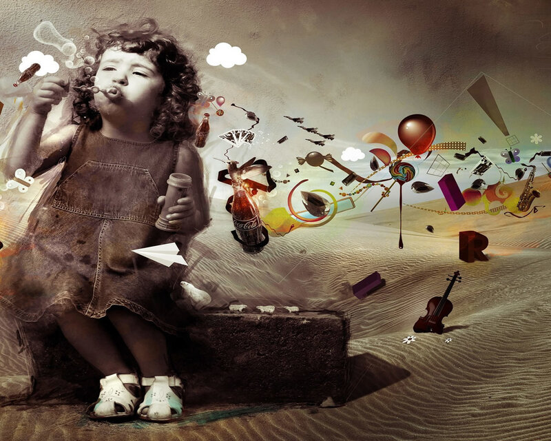 child blowing bubbles in desert