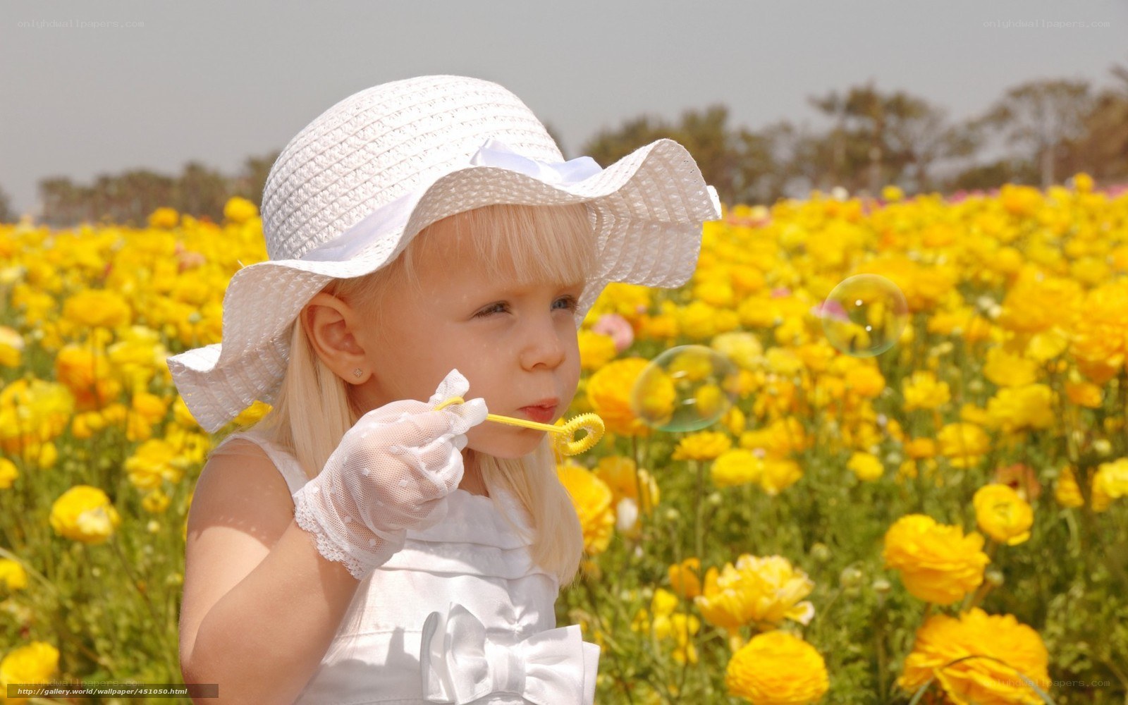 child blowing bubbles in flower field
