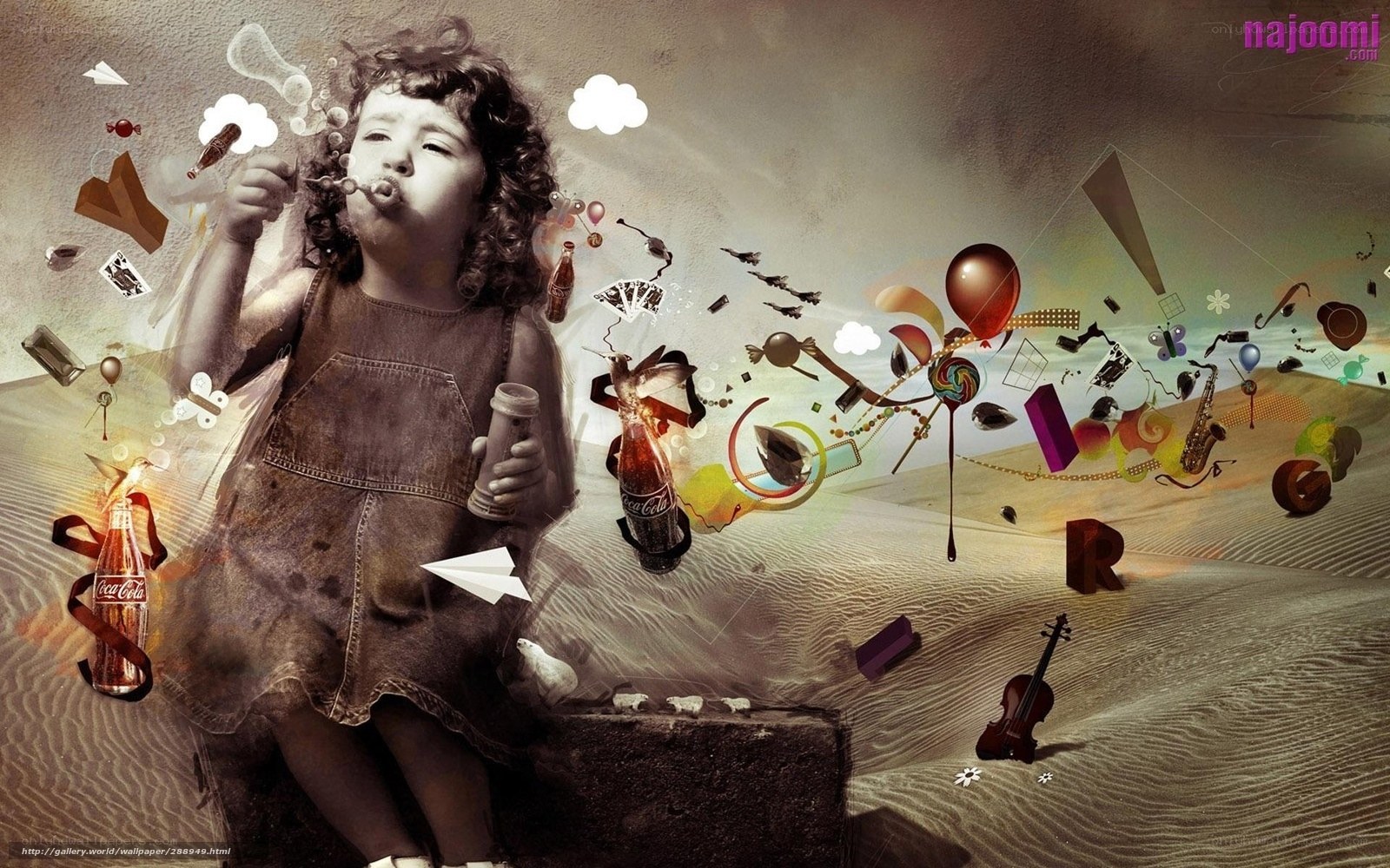 child blowing bubbles in surreal scene