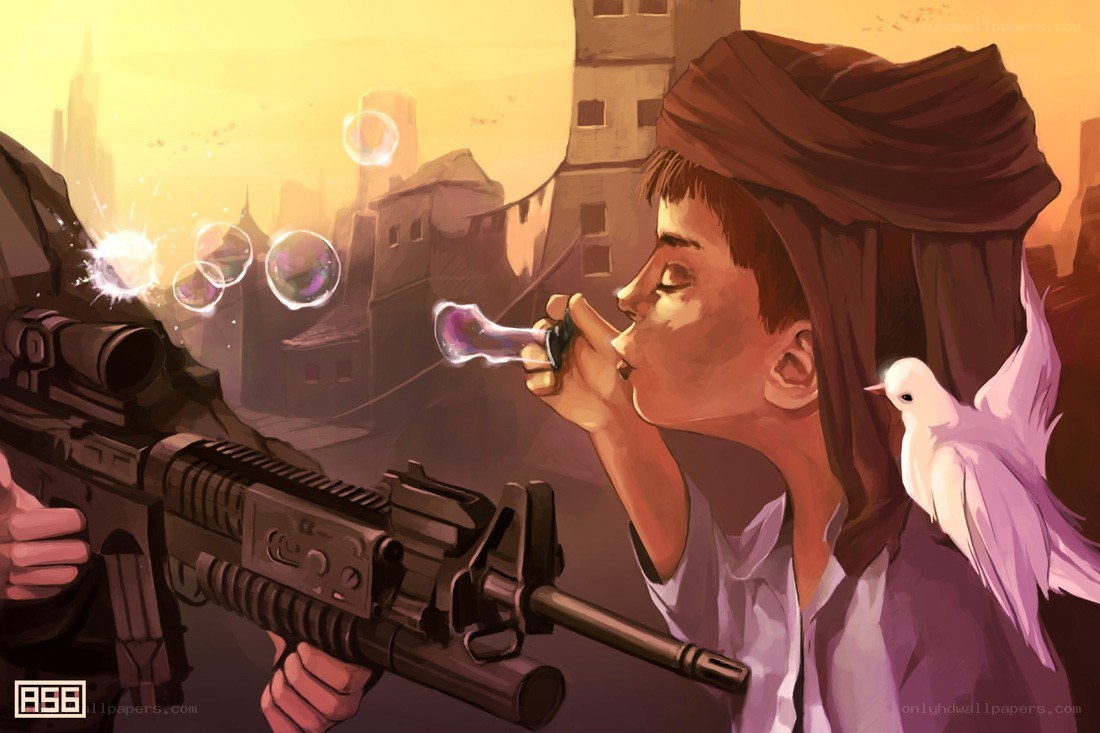 Child blowing bubbles in war zone