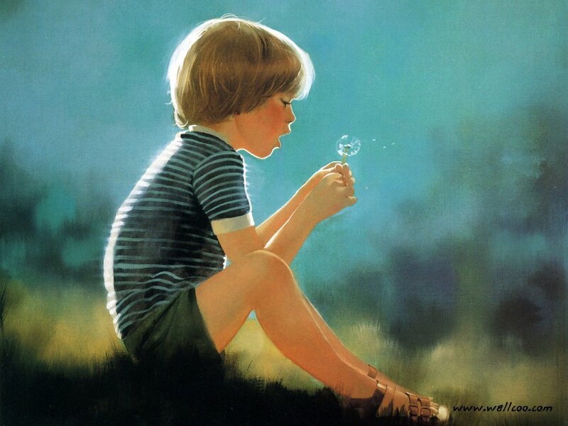 Child Blowing Dandelion — Blue