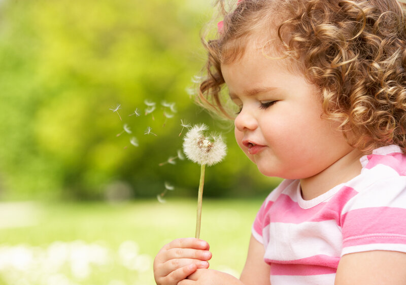 Child Blowing Dandelion — Green, Peaceful