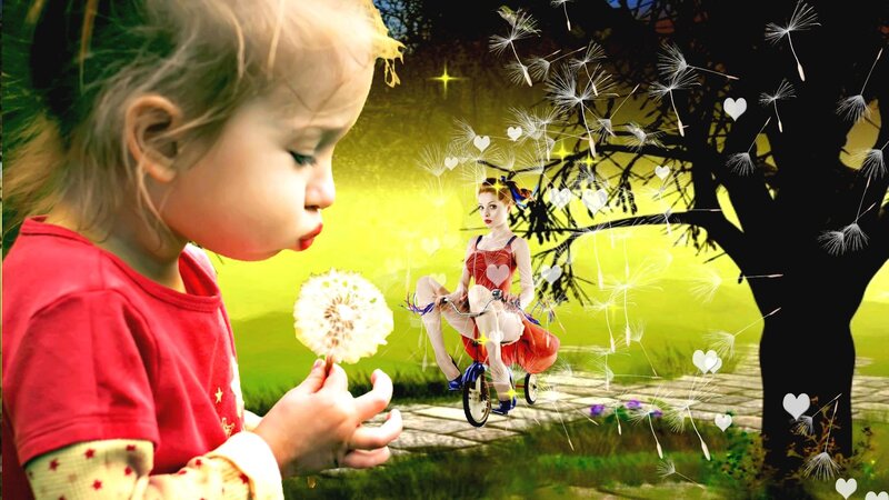 Child Blowing Dandelion — Green, Whimsical