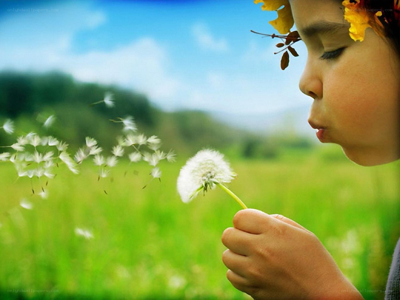 child blowing dandelion seeds