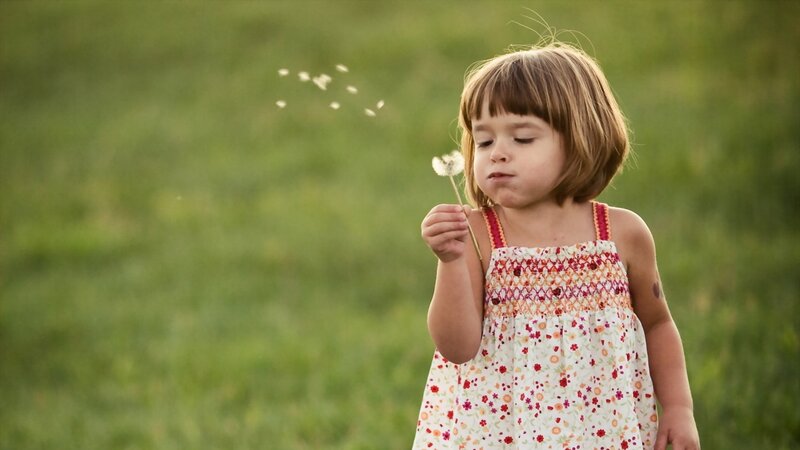child blowing dandelion seeds