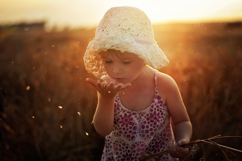 Child Blowing Dandelion Seeds — Golden