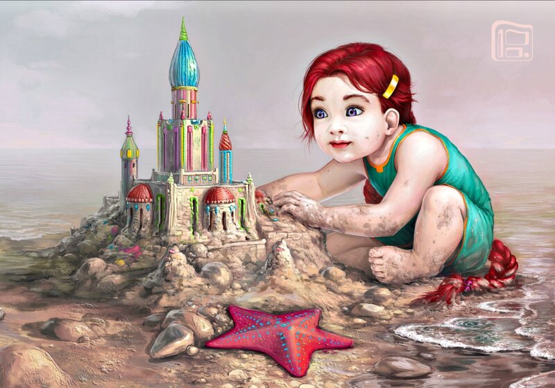 Child Building Sandcastle — Green