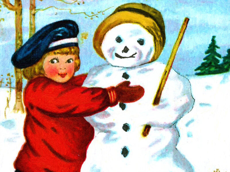 Child Building Snowman — Red