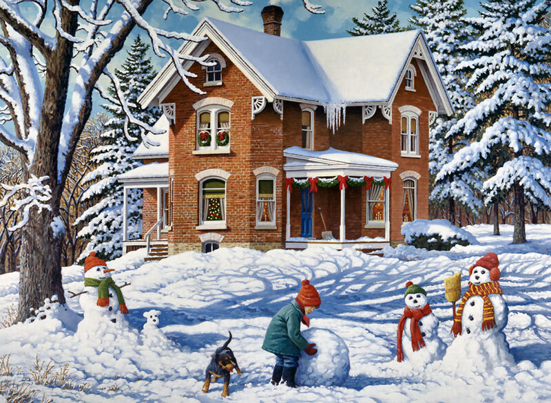 Child Building Snowman — White, Festive
