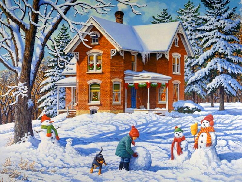 Child Building Snowman — White