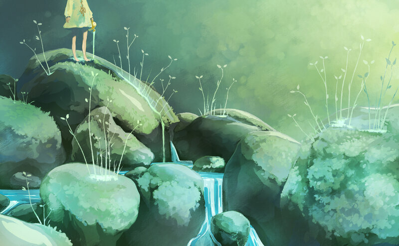 child by a mossy stream