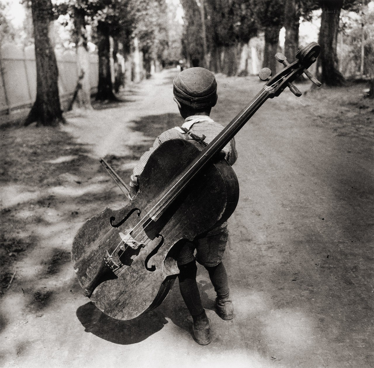 Child carrying a cello