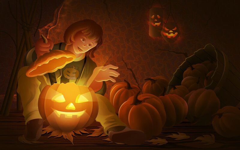 child carving a jack-o-lantern