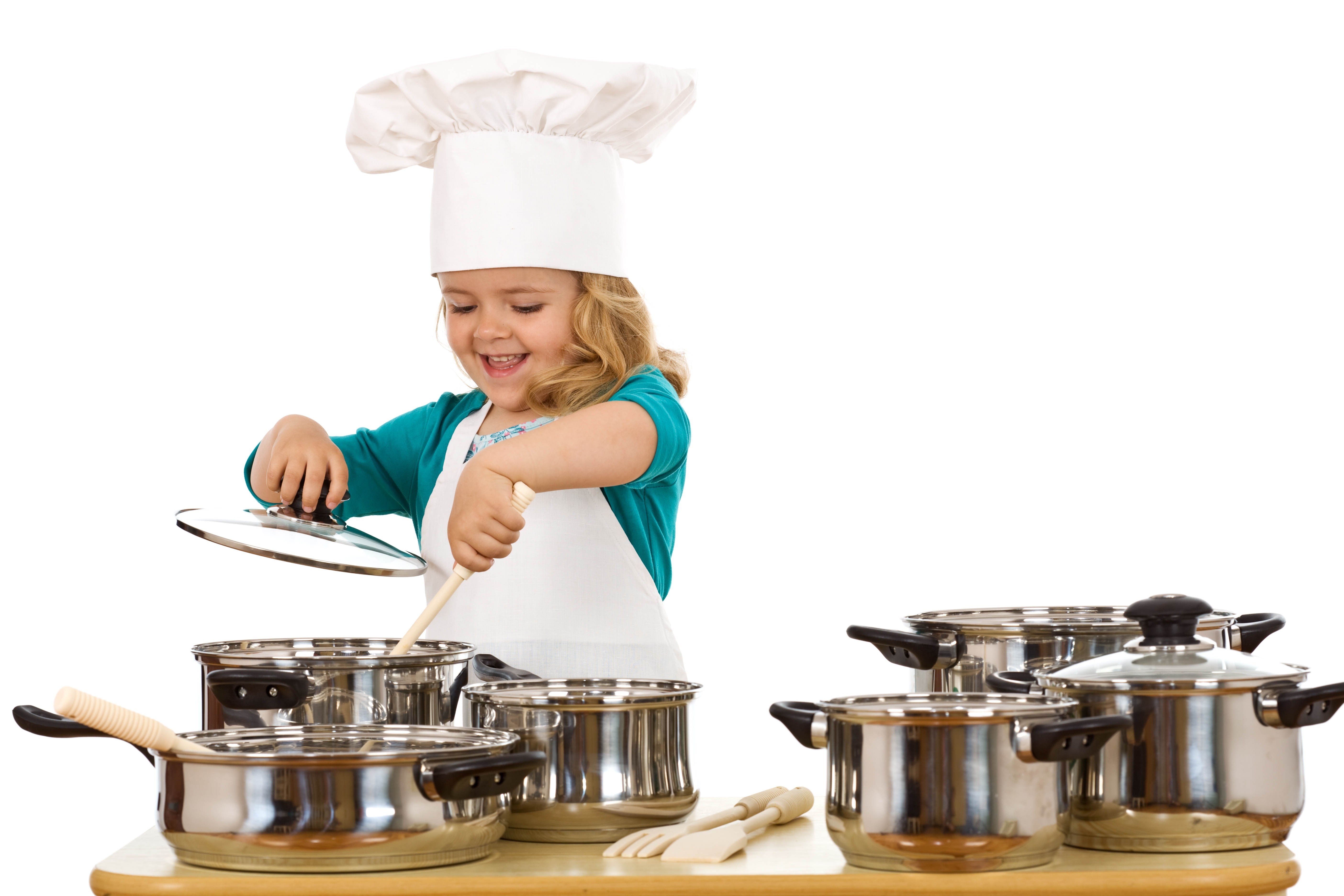child chef cooking with pots