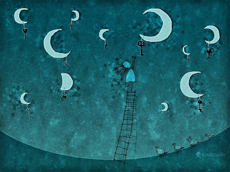 child climbing ladder to moon