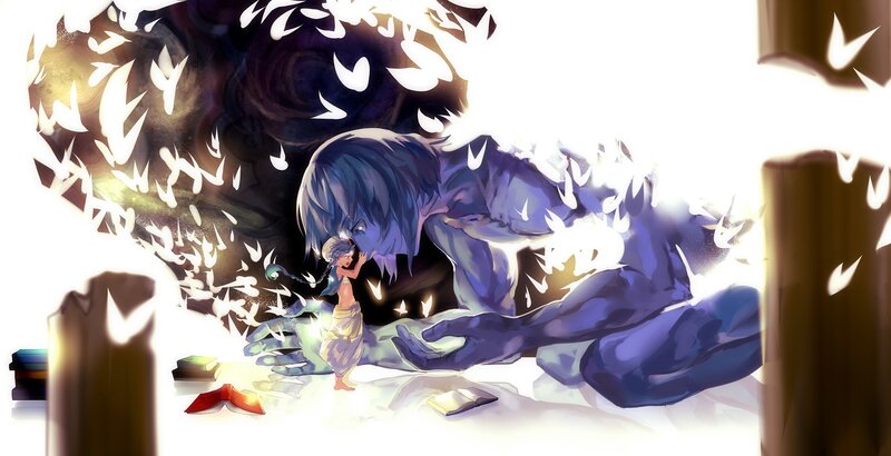 child comforting a giant figure