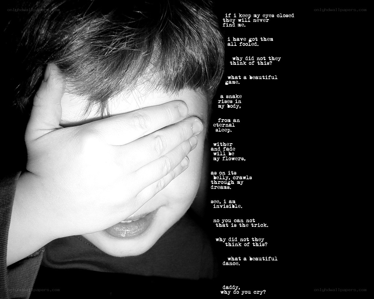 child covering eyes with text