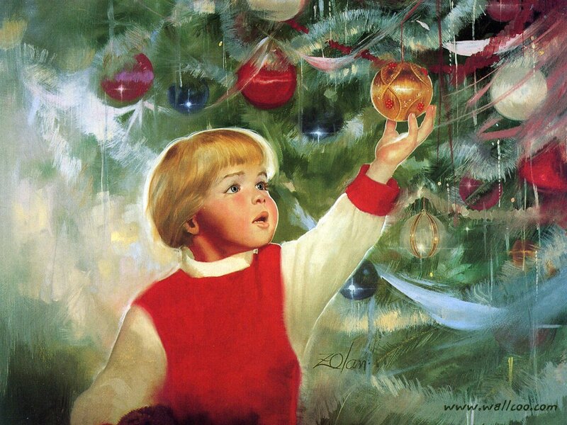 child decorating christmas tree
