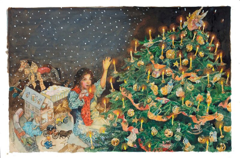 Child Decorating Christmas Tree — Green, Festive