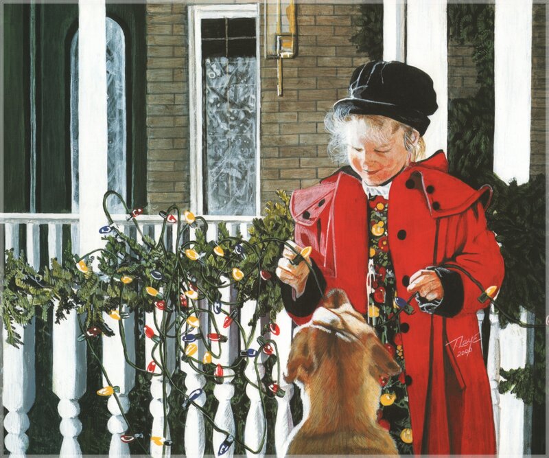 child decorating porch for christmas