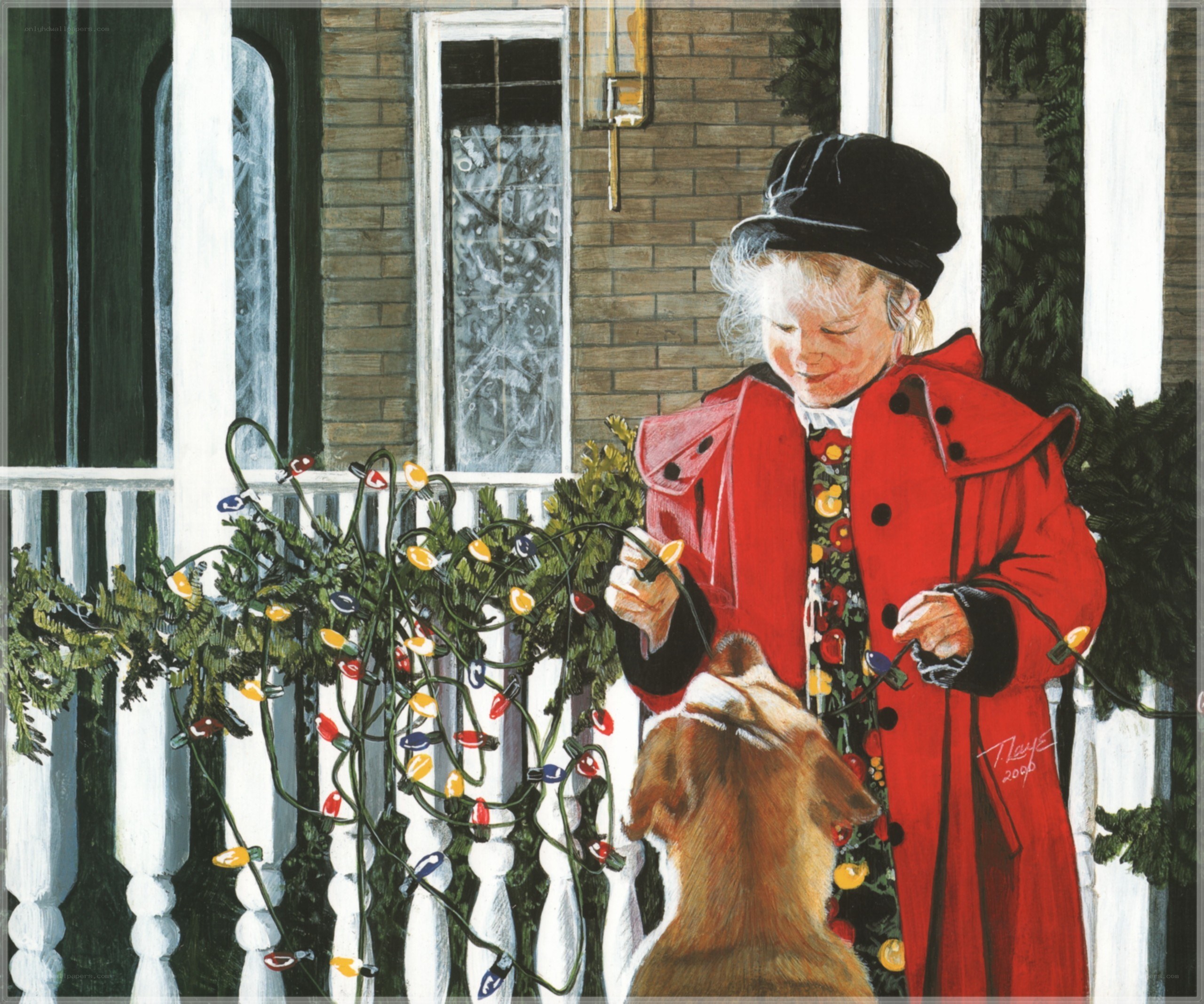 child decorating porch for christmas