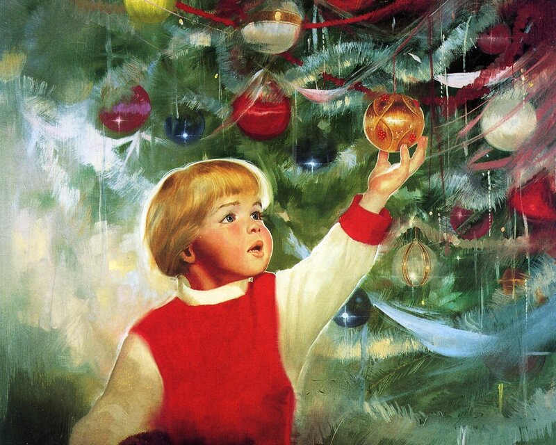 Child Decorating Tree — Red