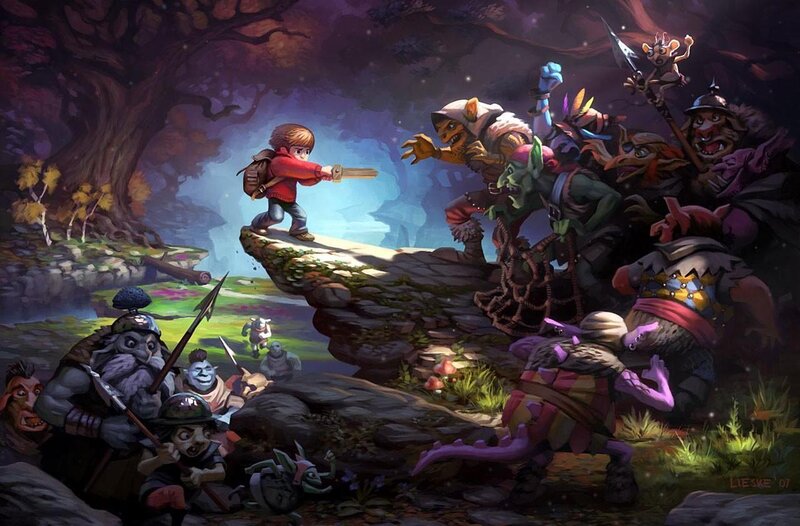 child defends against goblin horde