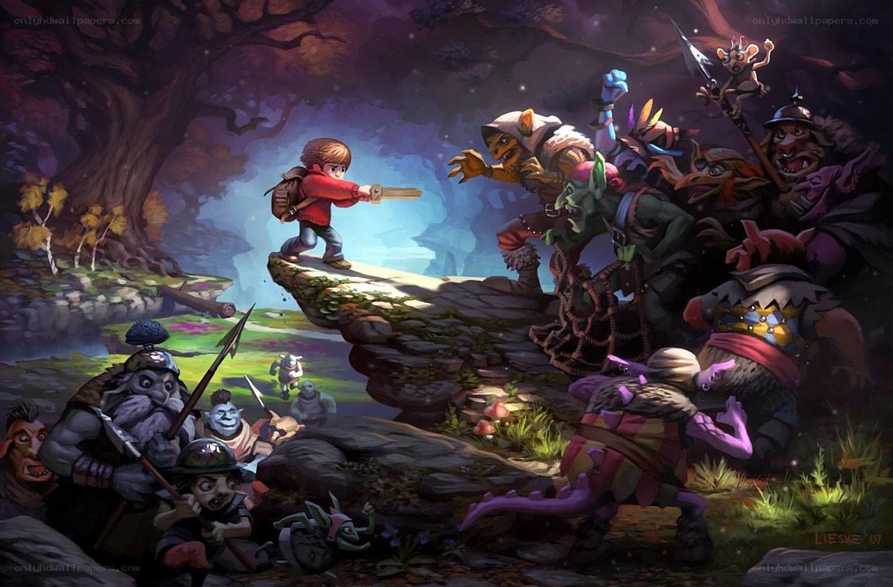 child defends against goblin horde