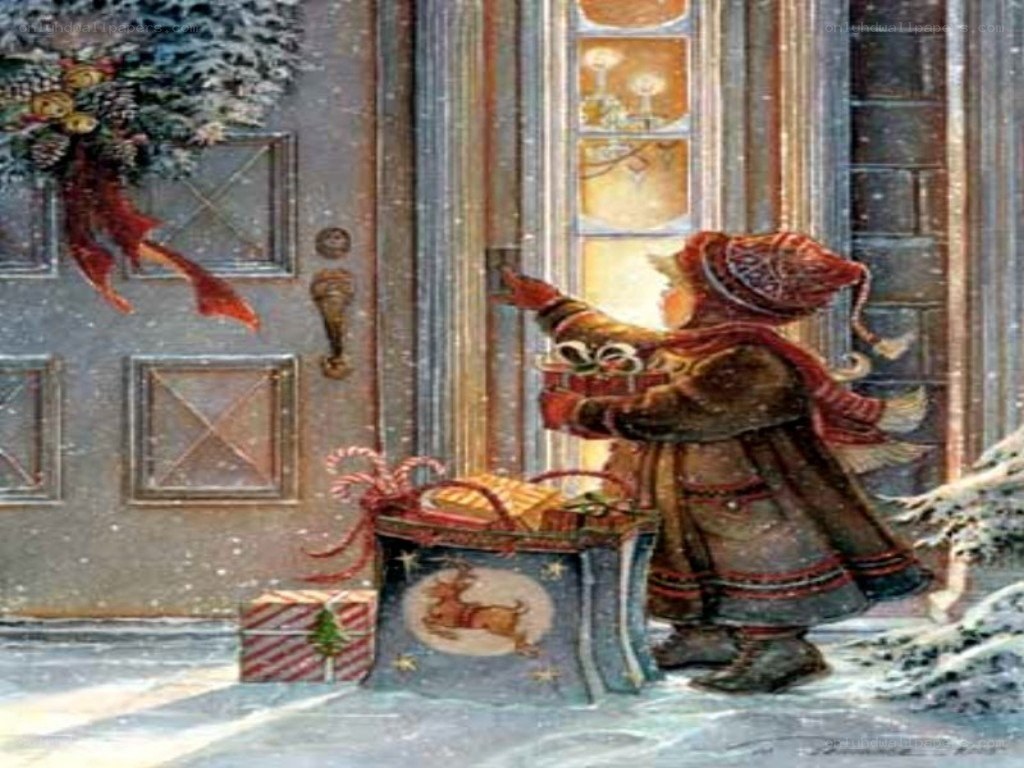 Child delivering gifts at door