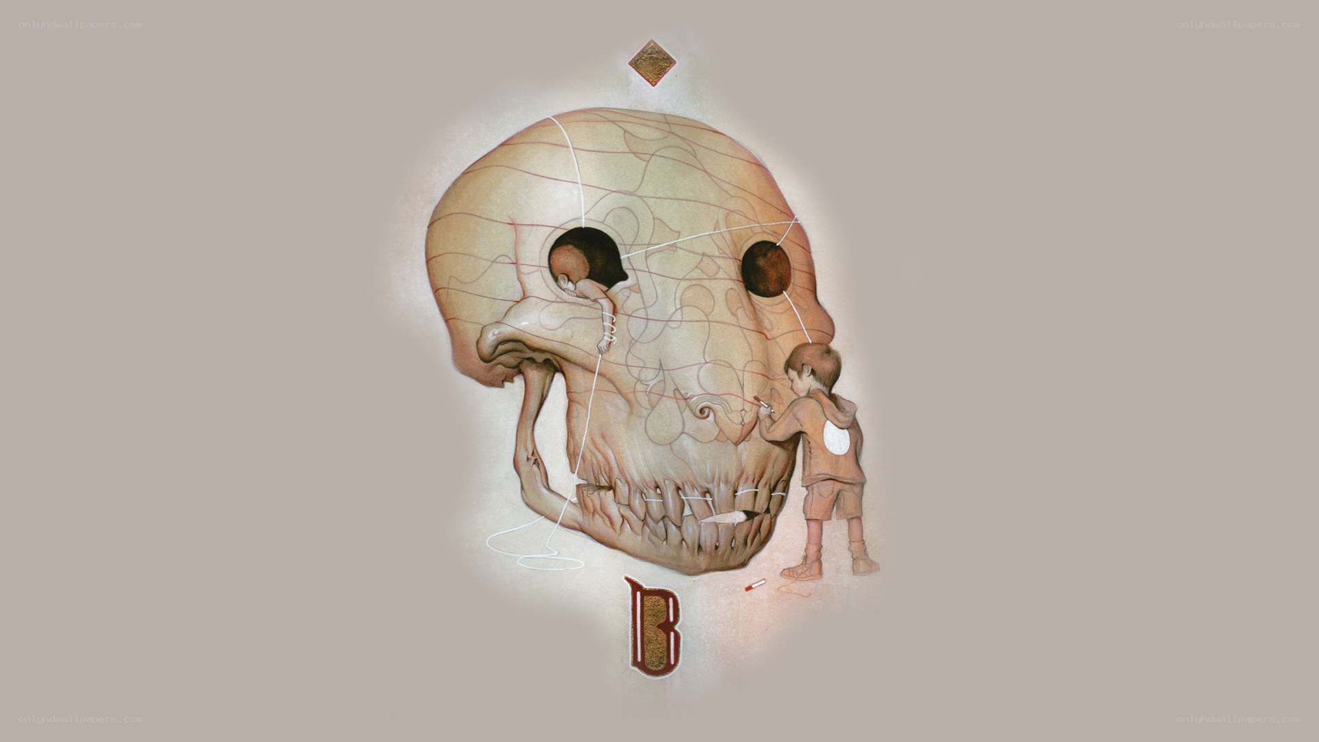 Child drawing on a skull