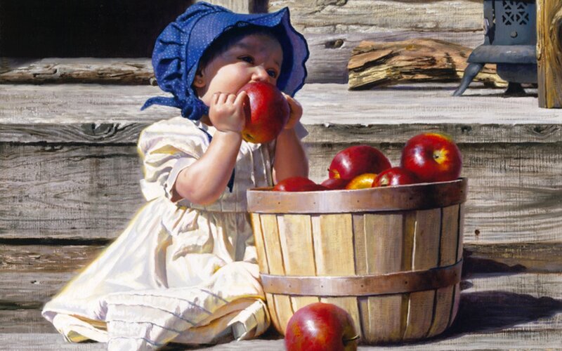Child Eating Apple — Blue