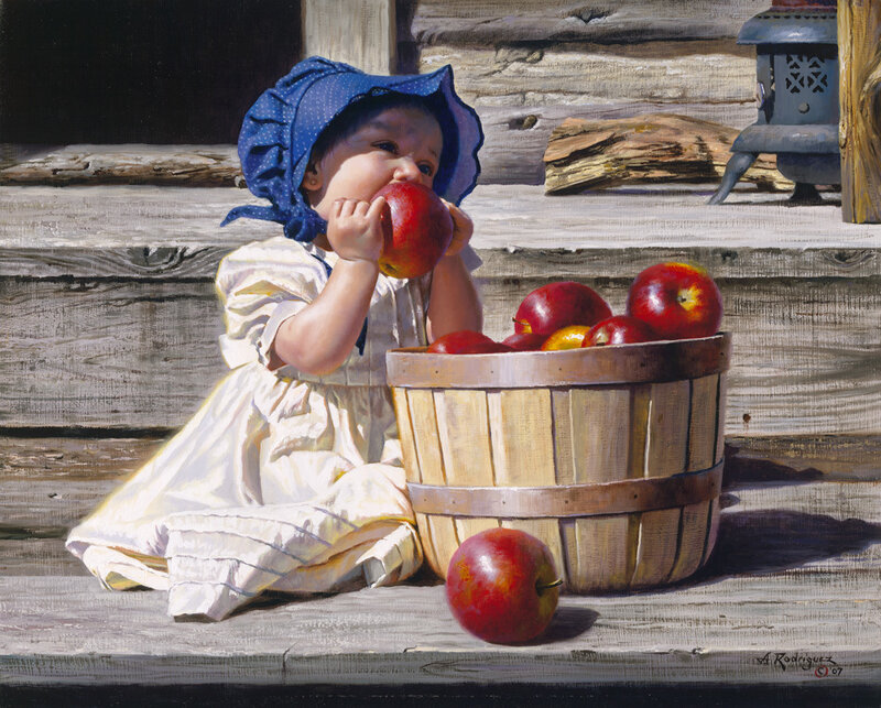 child eating apple from basket