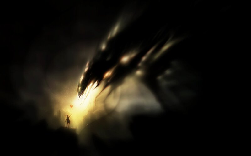 child facing a giant creature