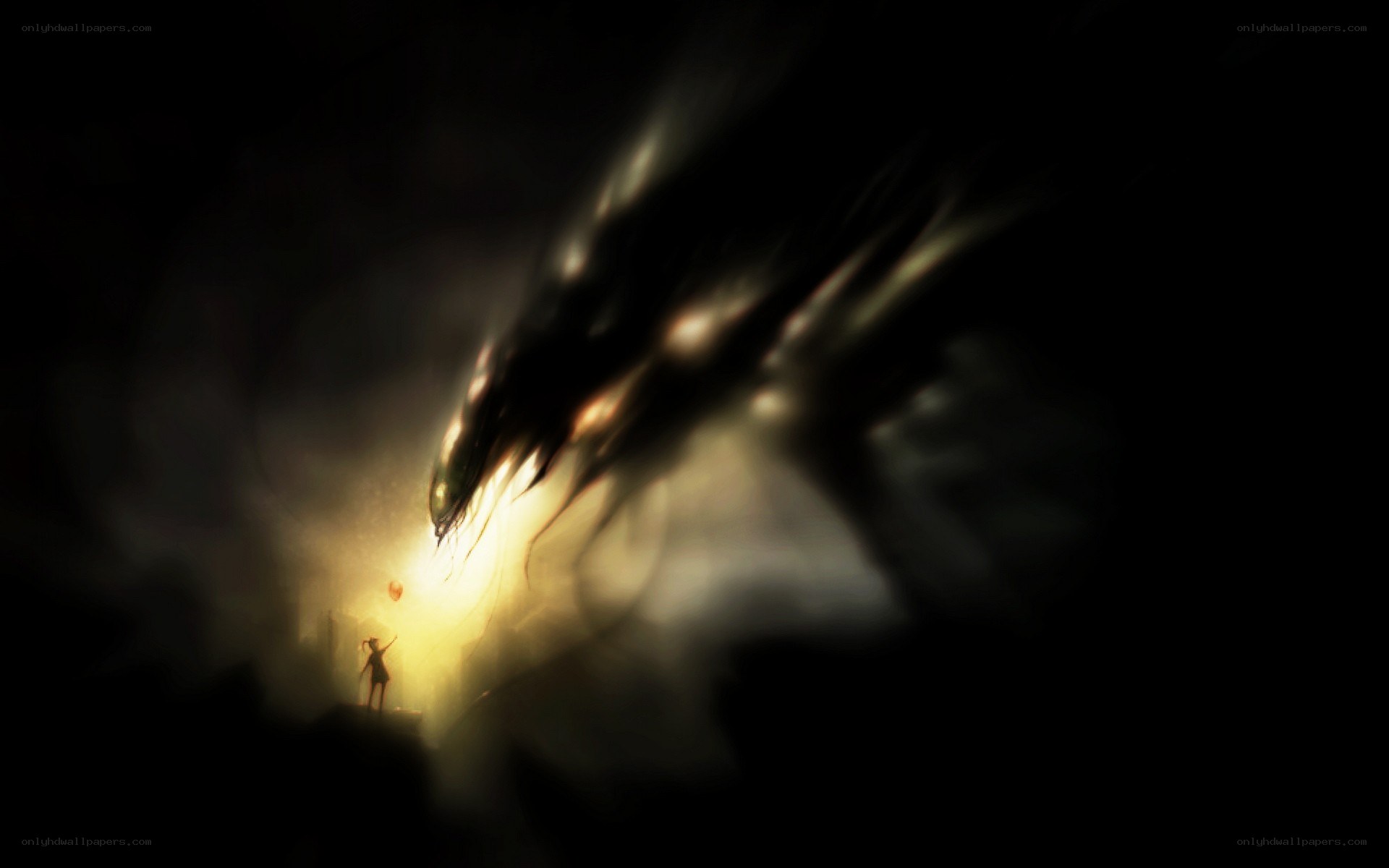 child facing a giant creature