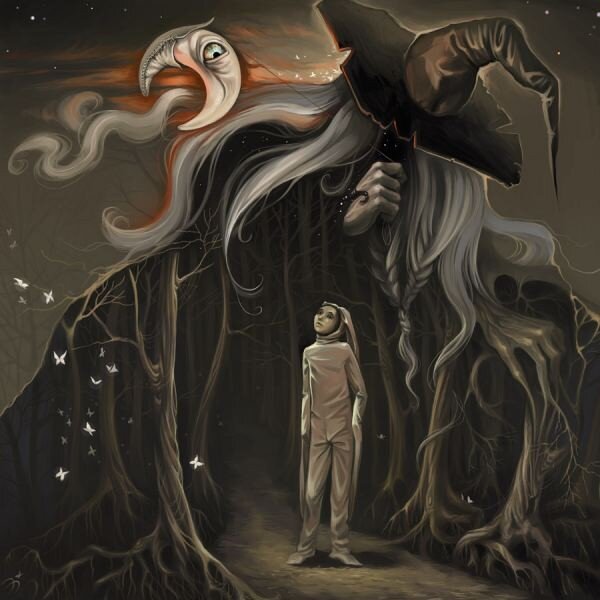 Child facing a giant creature