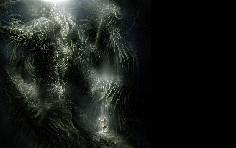 child facing a monstrous creature