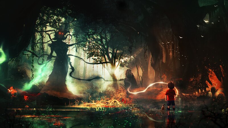 Child Facing Forest Spirit — Green, Dramatic