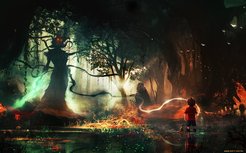 Child Facing Forest Spirit — Green