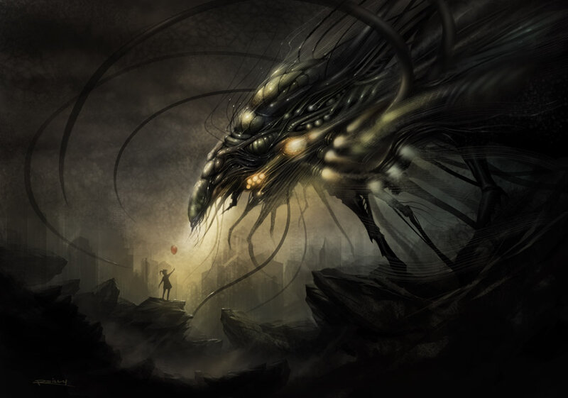 Child facing giant alien creature