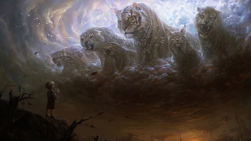 Child Facing Giant Cats — Brown, Dramatic, Night, Digital Art