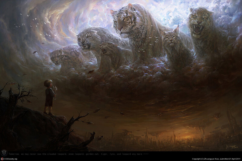Child Facing Giant Cats — Brown, Dramatic, Sunset, Digital Art