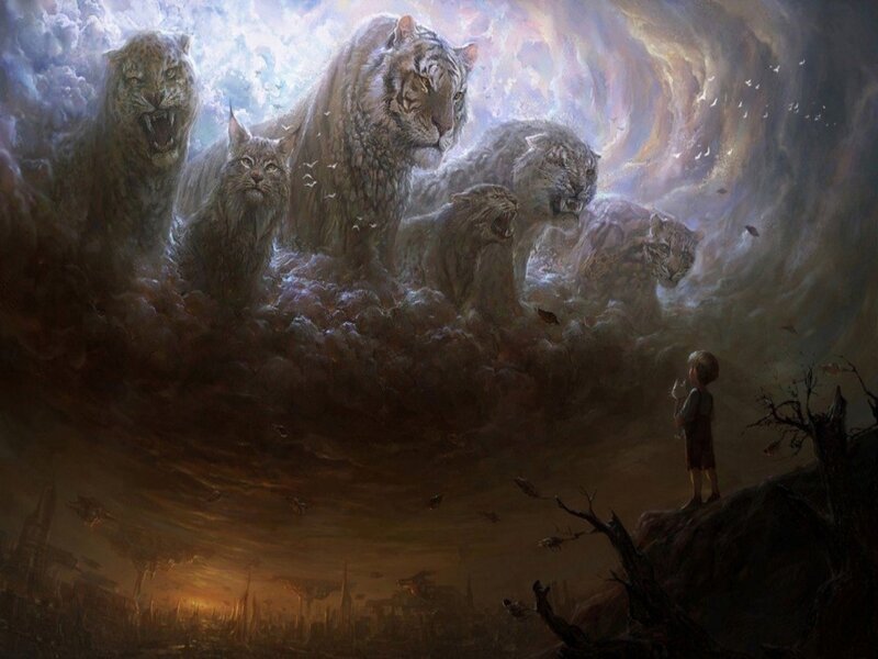 Child Facing Giant Cats — Brown, Dramatic, Sunset