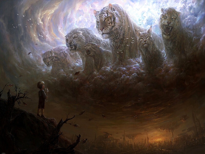 Child Facing Giant Cats — Brown