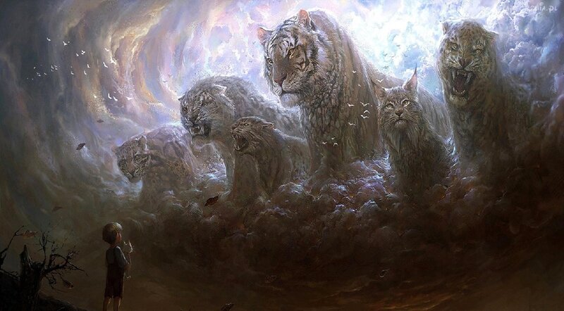 child facing giant cats
