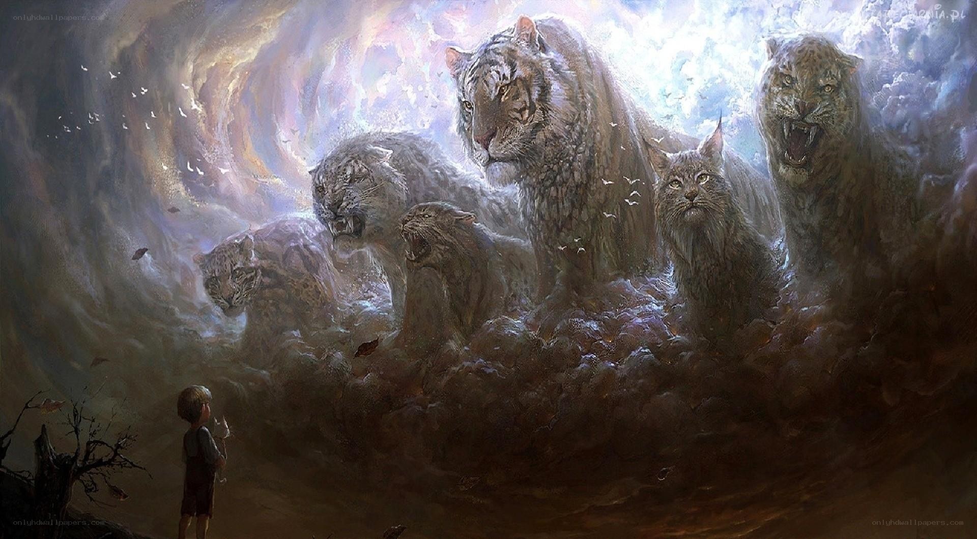 child facing giant cats