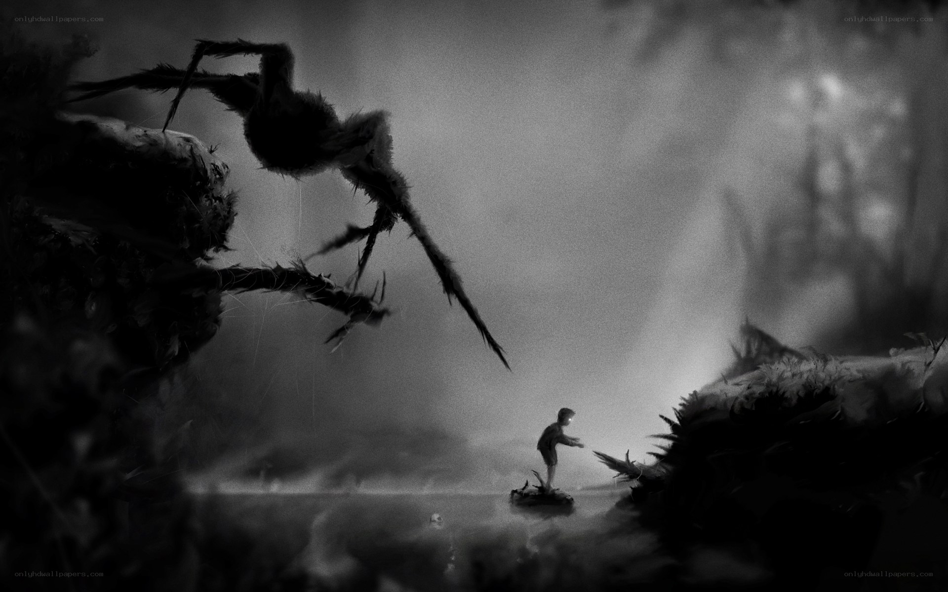 Child facing giant creature