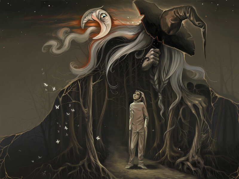 Child Facing Giant Creature — Brown
